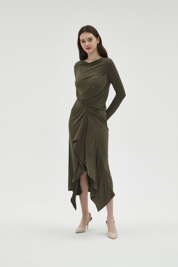 ALL OVER RUCHED DRESS byMM - OLIVE GREEN
