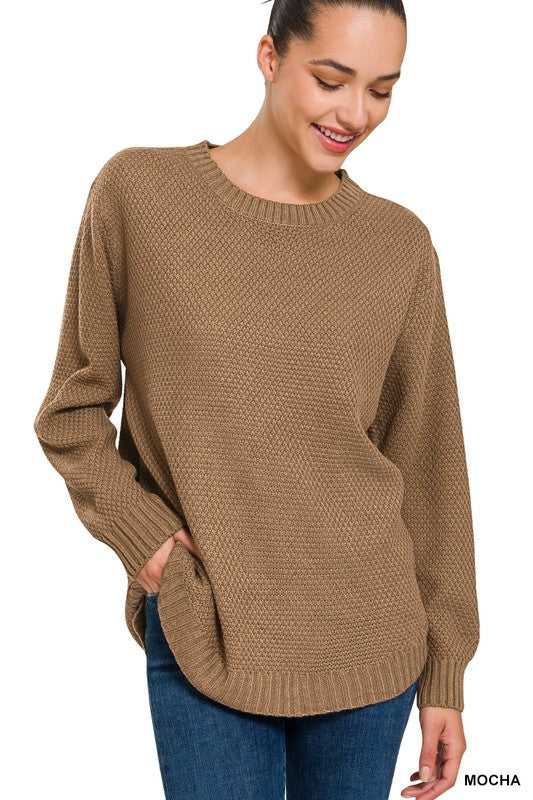 Hi-Low Long Sleeve Round Neck Sweater